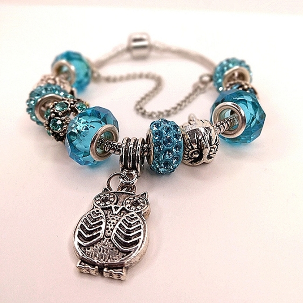 Tibetan Owl & Aqua Rhinestone Charm Bracelet